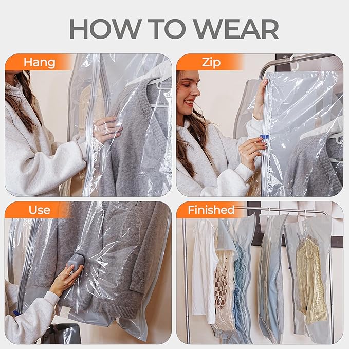 Vacbird Hanging Vacuum Storage Bags for Clothing 8 Pack Hanging Vacuum Seal Bags for Clothing Suit Bags Closet Storage, Hanging Plastic Clothes Cover for Coat, Dress, Fur, Shirt - Image 4
