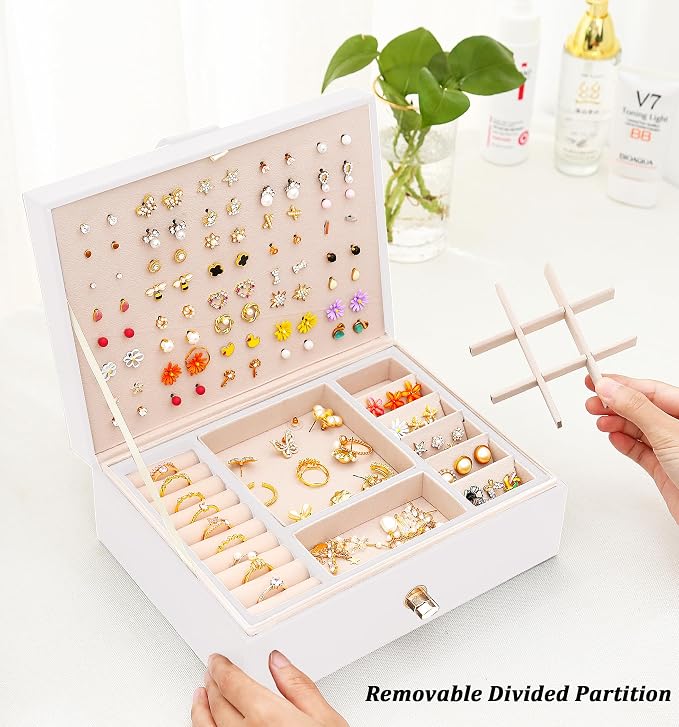 QBestry Jewelry Box for Women Girls, 105 Holes Stud Earring Organizer Storage Case with Removable Dividers, 2-Layer White Leather Jewelry Organizer for Earrings Rings Necklaces Bracelet, Gift for Teen - Image 5