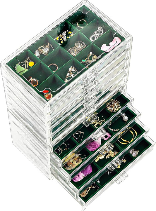 ProCase Earring Holder Organizer Jewelry Box with 10 Drawers, Acrylic Clear Earring Case with Adjustable Velvet Trays for Women - Emerald,10 Layers by ProCase