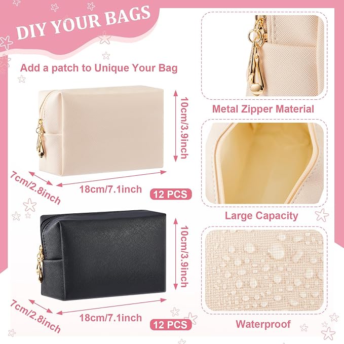 24 Pcs Preppy Makeup Bag PU Leather Cosmetic Bag with Zipper Plain Cosmetic Pouch Waterproof Toiletry Makeup Pouch for Women Bridal Shower Favors Traveling Organizer(Ivory White, Black) - Image 2