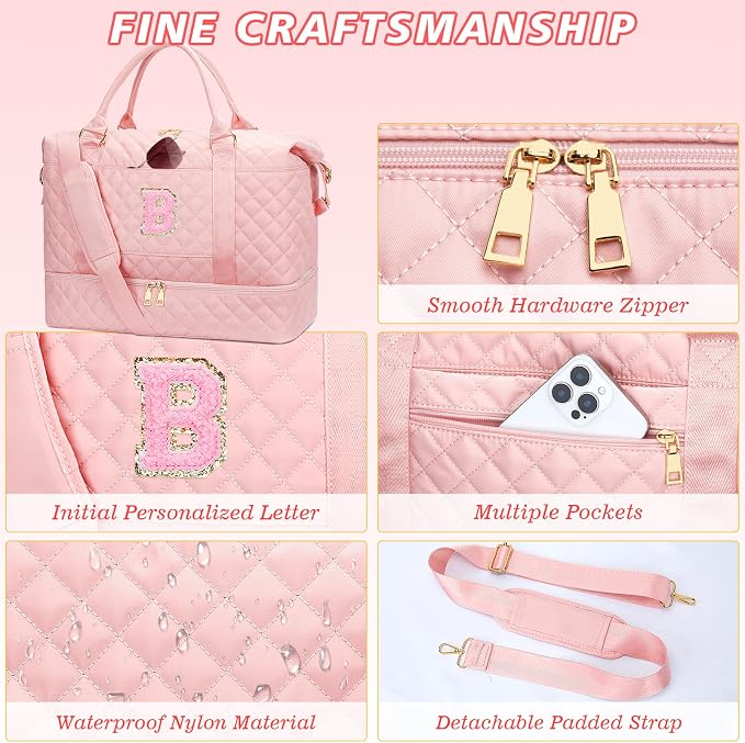 Gifts for Daughter Girls Birthday Initial Travel Duffle Bag Quilted Weekender Bags Carry-On Overnight with Makeup Bag, Gym Bag with Shoe Compartment, Pink-B - Image 6