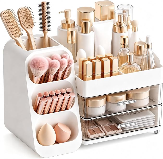 Makeup Organizer for Vanity - Large Skincare Organizers Countertop, Cosmetic Organizer with Brush Holder and 2 Drawer, Makeup Storage for Lipsticks, Nail Polishes, Eyeshadow Palettes, White by KQJS