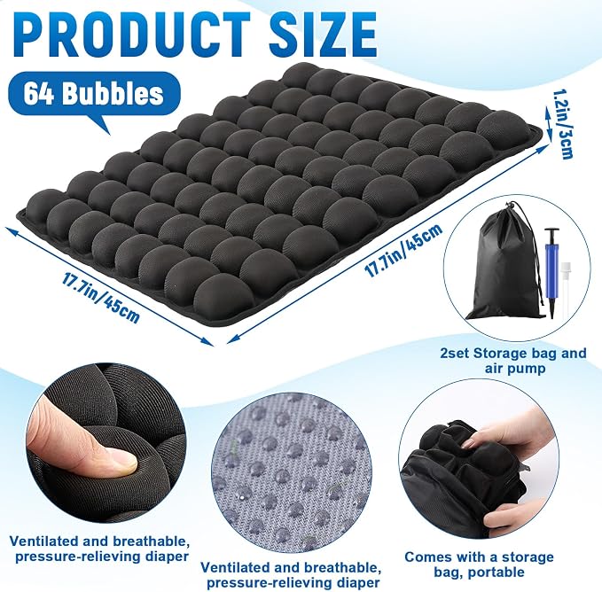 2 Pack Inflatable Travel Seat Cushion with Air Pump Storage Bags 64 Bubbles Upgrade Ergonomic Pressure Relief Airplane Seat Cushion for Long Flights Office Car Portable Lightweight Comfort Cushions - Image 2