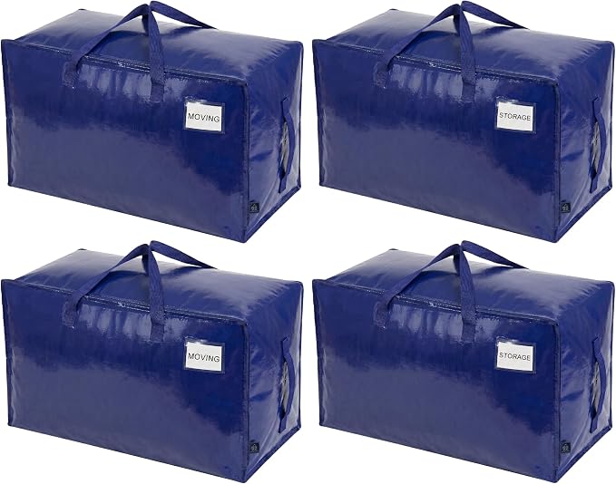 VENO 4 Pack Extra Large Heavy Duty Moving Bags with Wide Opening & Reinforced Handles, Reusable Storage Tote Bags with Strong Zippers for Clothes, College Dorm Essentials & Moving Supplies by Veno