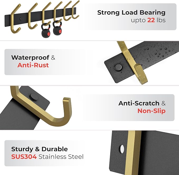 Coat Rack Wall Mount – Black and Gold Hook Rail with 6 Double Coat Hooks, 17 Inch Stainless Steel Wall Hooks for Entryway, Bathroom, Bedroom, Closet, Towel, Hat, Bag, Heavy Duty Organizer - 2 Pack - Image 3