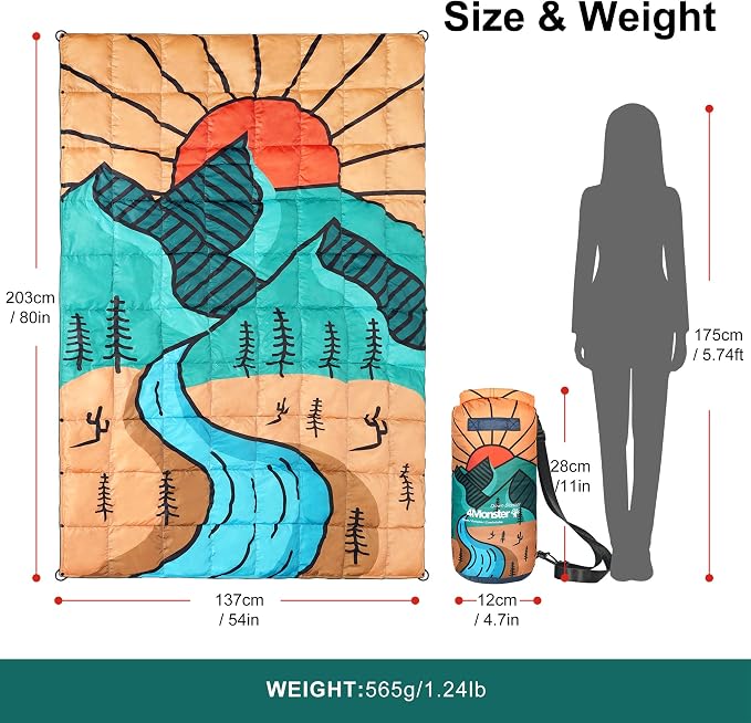 4Monster Down Camping Blanket, 650 Fill Power Ultralight Packable Puffy Blanket, Warm, Waterproof & Windproof Outdoor Quilt for Backpacking, Travel, Stadium, Beach - Image 6