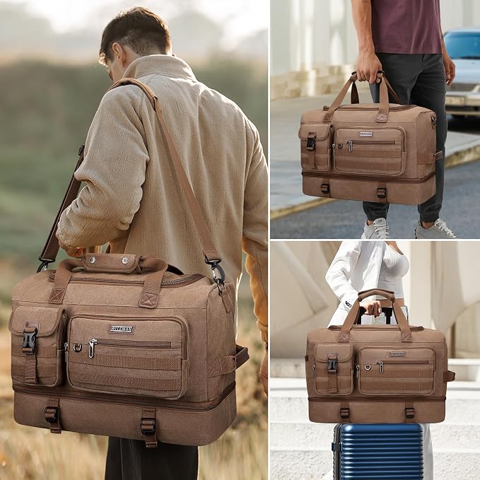 WITZMAN Duffle Bag for Men 50L Travel Canvas Weekender with Toiletry Bag | With Shoe Compartment and Dry-wet Pocket, Convertible, Carry On, One Duffel for Gym, Sports, Overnight, A8010/2 Brown - Image 2