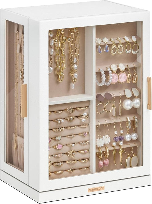 Glimmloop 360° Rotating Jewelry Box with 7 Drawers, Spacious Vertical Jewelry Organizer with Glass Window, Jewelry Storage Case, Dustproof & Moisture-resistant Design, White by Glimmloop