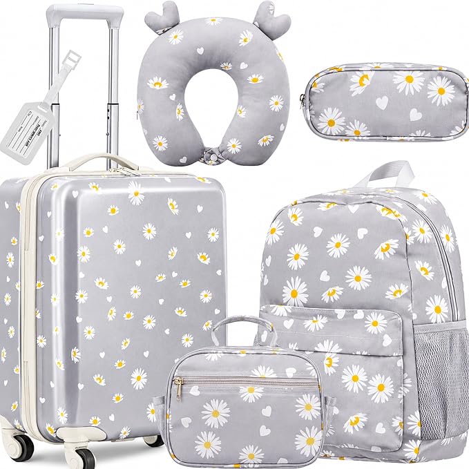 Redbaker 6 Pcs Kids Luggage Set, 17 Inch Rolling Suitcase with Backpack Lunch Bag Neck Pillow, Grey Daisy Travel Set for Summer Vacation Sleepover Back to School Gift - Image 9