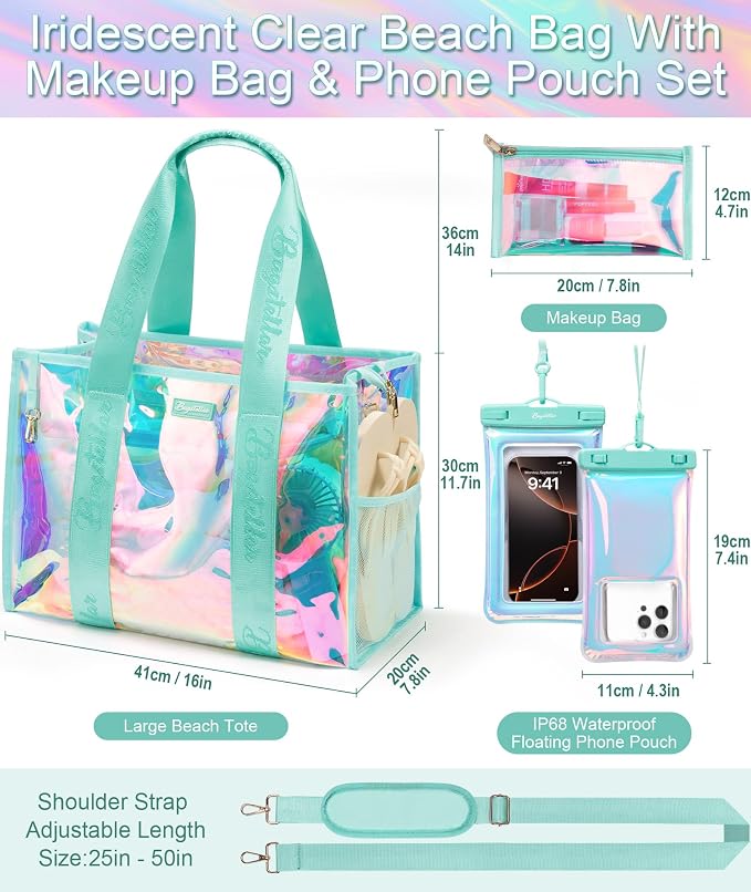 Bagstellar Iridescent Beach Bag, Jelly Tote Bag with Phone Pouch Makeup Bag | Large Beach Bags Waterproof Sandproof, Zipper Beach Tote Clear Pool Swim Boat Bag for Women Summer Travel Cruise Essentials - Image 4