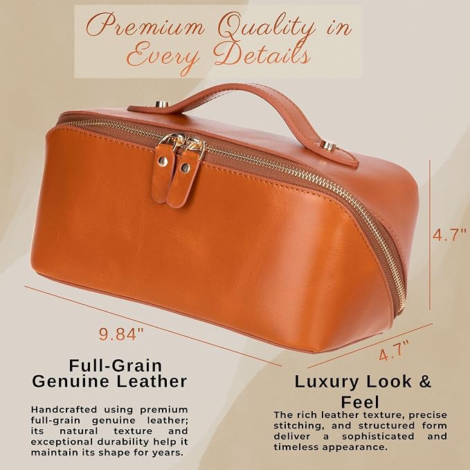 VENOULT Makeup Bag, Spacious Cosmetic Case for Women, Portable 180° Wide-Open Flat Cosmetic Bag, Travel Toiletry Organizer with Handle, Hanmdade, Full Grain Genuine Turkish Leather (Chestnut) - Image 3