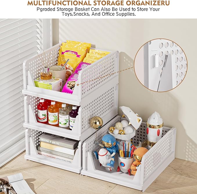 SNSLXH 8 Pack Stackable Closet Storage Bins, Multifunctional & Foldable Closet Organizers and Storage for Bathroom Kitchen Laundry Room Drawer Shelf Storage, Space-Saving Wardrobe Organizer, White - Image 7