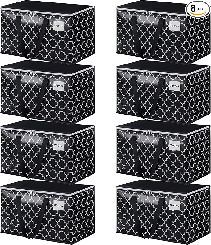 HomeHacks Heavy Duty Moving Bags with Tag Pockets, Collapsible Storage Totes for Moving, Camping & Travel -Foldable Packing Boxes, Zipper Handles, Black（8 Packs, 100L） by HomeHacks