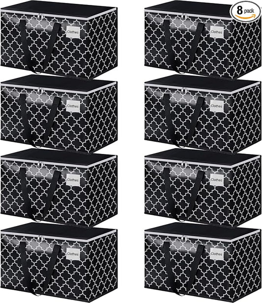 HomeHacks Heavy Duty Moving Bags with Tag Pockets, Collapsible Storage Totes for Moving, Camping & Travel -Foldable Packing Boxes, Zipper Handles, Black（8 Packs, 88L） by HomeHacks