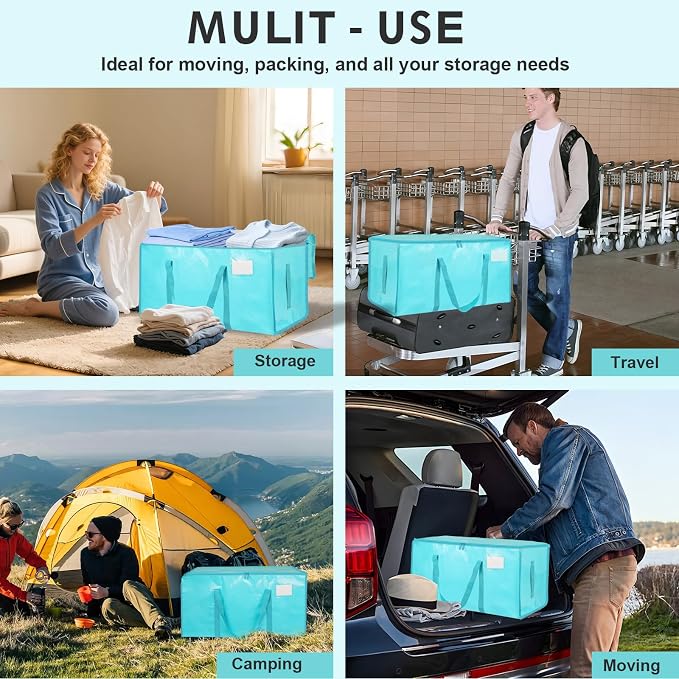 8 Pack-Extra Large Heavy Duty Moving Bags - Waterproof Storage Totes with Handles & Zippers, Foldable for College Dorm, Storage (lake blue) - Image 7