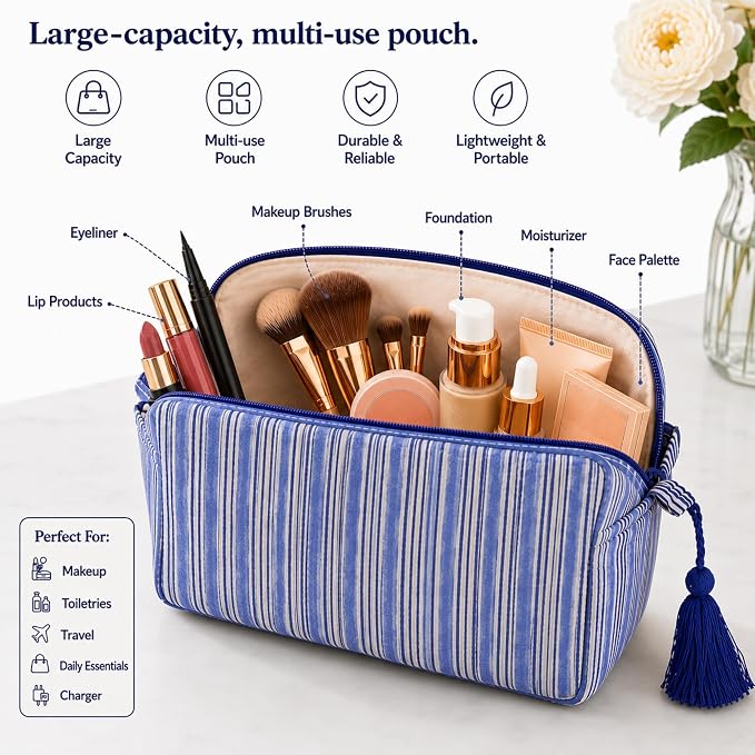 Huar Travel Makeup Bag- Large Capacity Cosmetic Bags for Women - Water Resistance Lining Portable Pouch & Open Toiletry Bag - Perfect Girls Makeup Organizer for Travel Essentials (Blue) - Image 2