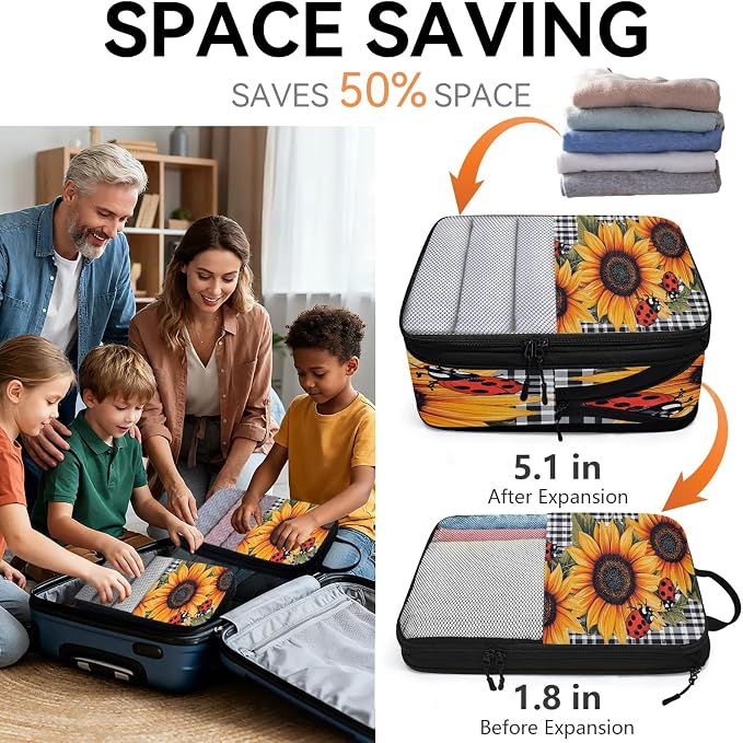 Ladybugs Sunflower Compressible Packing Cubes for Suitcase 6 Set Lightweight Expandable Compression Packing Travel Luggage Organizer - Image 6