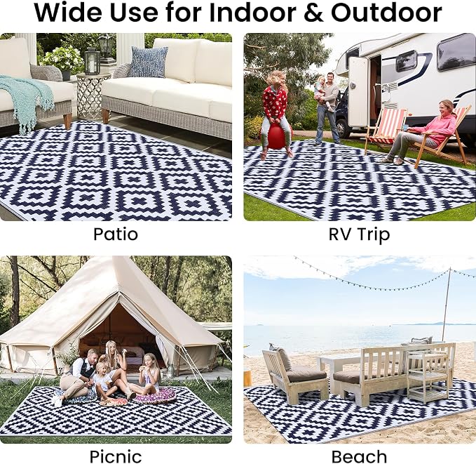 Smiry Waterproof Outdoor Rug 5x8 ft, Reversible Plastic Straw Patio Camping Rugs, Outdoor Indoor RV Mat Carpet for Patio, Outside Entry, Backyard, Deck, Bench, Picnic, Camper, White & Navy - Image 7