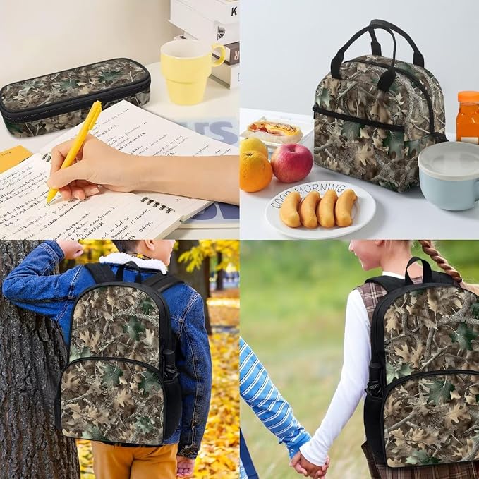 Classic Oak Camouflage Print Backpack for Boys with Lunch Box Cooler Water Bottle Sleeve Cover Small Portable Pencil Pen Case Back to School Supplies - Image 4