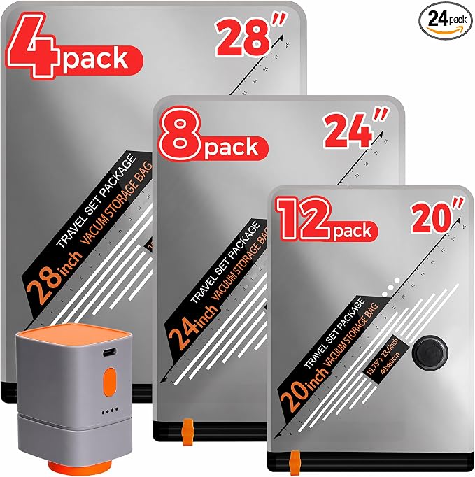 24 Combo Travel Vacuum Bags with Cordless Rechargeable Pump, Portable Space Saver Compression Bag for Clothing, Vacuum Seal Packing Bags for Home Clothing Luggage Organizer Travel Essentials by OEODAJ