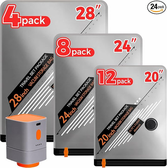 24 Combo Travel Vacuum Bags with Cordless Rechargeable Pump, Portable Space Saver Compression Bag for Clothing, Vacuum Seal Packing Bags for Home Clothing Luggage Organizer Travel Essentials by OEODAJ