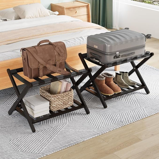 Smuxee Fully Assembled Black Luggage Racks Pack of 2, Upgraded Bamboo Foldable Suitcase Stand with 5 Nylon Straps, Luggage Holder with Shelf for Guest Room Bedroom Hotel by Smuxee