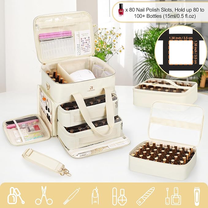 Relavel Nail Polish Organizer, Nail Bag Holds 80 to 100+ Bottles (15ml/0.5fl.oz) Nail Lamp, Nail Supplies Kit Gels Polish Storage Case with 2 Removable Pouches for Manicure Nail Tech Gifts (Beige) - Image 3