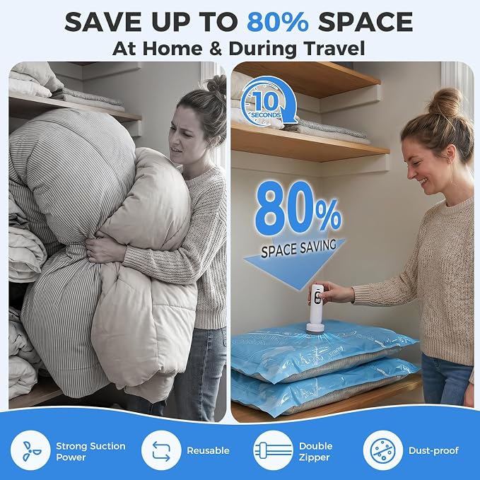 18 Pack Vacuum Bags for Travel with Rechargeable Cordless Electric Pump, Portable Space Saver Bags for Travel & Home, Vacuum Compression Packing Seal for Clothes, Blankets, Seasonal Storage - Image 4