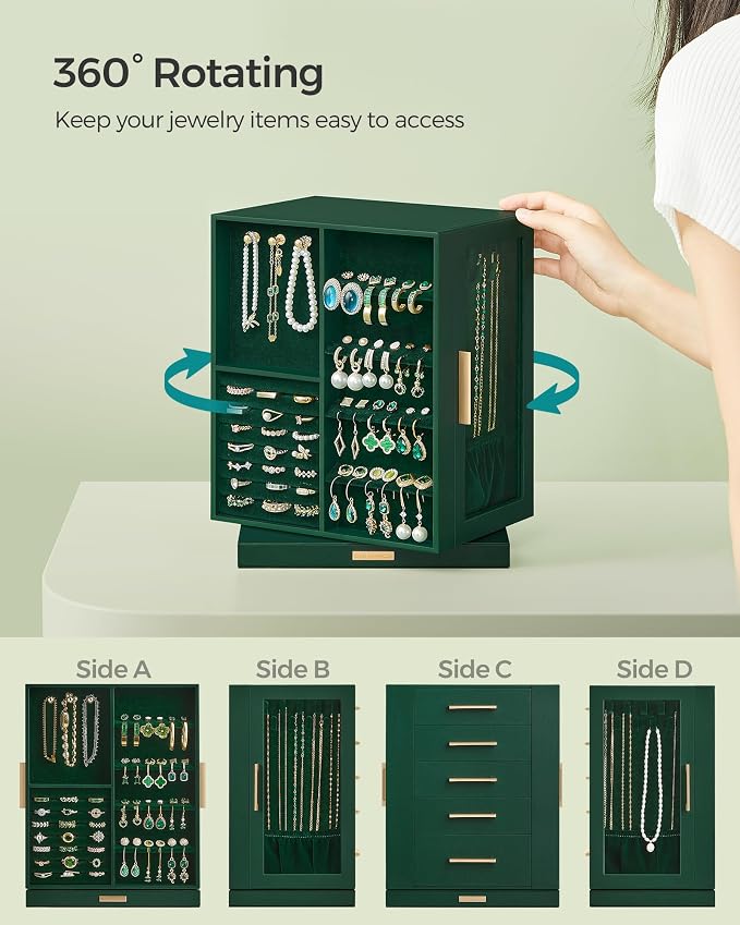 SONGMICS GISELLA Collection - Jewelry Box Organizer 360° Rotating, Vertical Jewelry Storage Case with 5 Drawers, Glass Window, Spacious, Open Design, Great Gift, Forest Green UJBC170C01 - Image 3