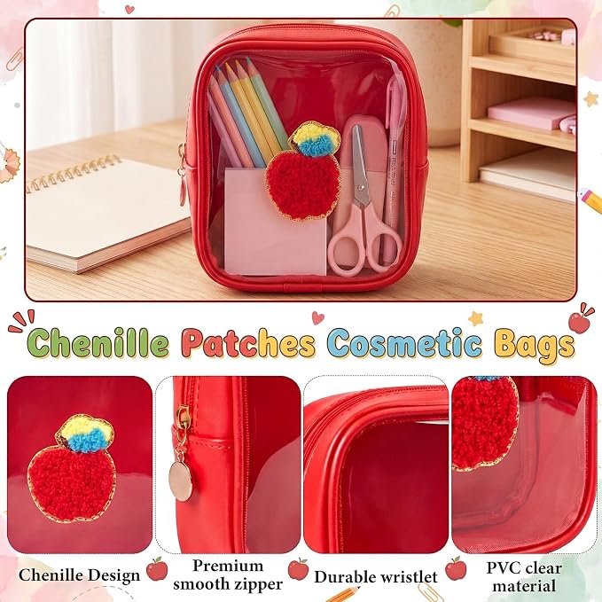 12 Pack Back to School Clear Makeup Bag PVC Transparent Cosmetic Pouch with Red Apple Embroidery, Teacher Appreciation Gifts, Small Waterproof Leather Bag for Women - Image 3