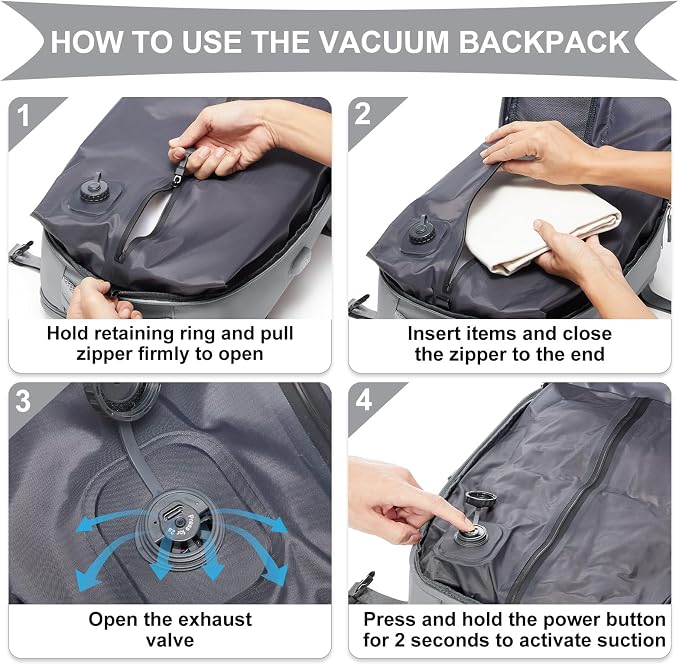 coowoz Vacuum Backpack Travel with Pump,Travel Backpack with Vacuum System For Women Men,Carry On Backpack,Hiking Backpack Waterproof Outdoor Sports Rucksack Casual Daypack,25L(Built-in Pump),Grey - Image 2