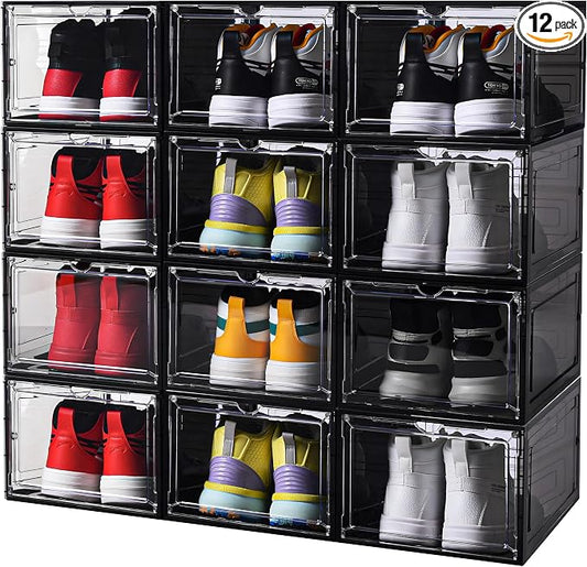 Large Black Shoe Storage Boxes Stackable, 12 Pack Hard Plastic Shoe Storage Organizer with Magnetic Door, Shoe Container Sneaker Storage Display Case Fit up to US Size 12 Black by YukuiLLc