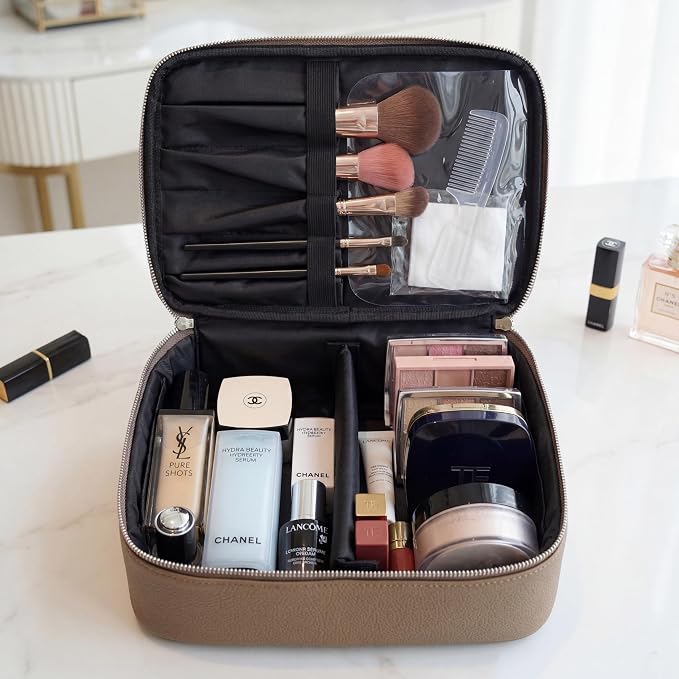 Luxury Genuine Cowhide Leather Cosmetic Organizer Bag – Large Capacity Makeup & Toiletry Travel Case with Compartment, Brush Holder for Women and Men - Image 6