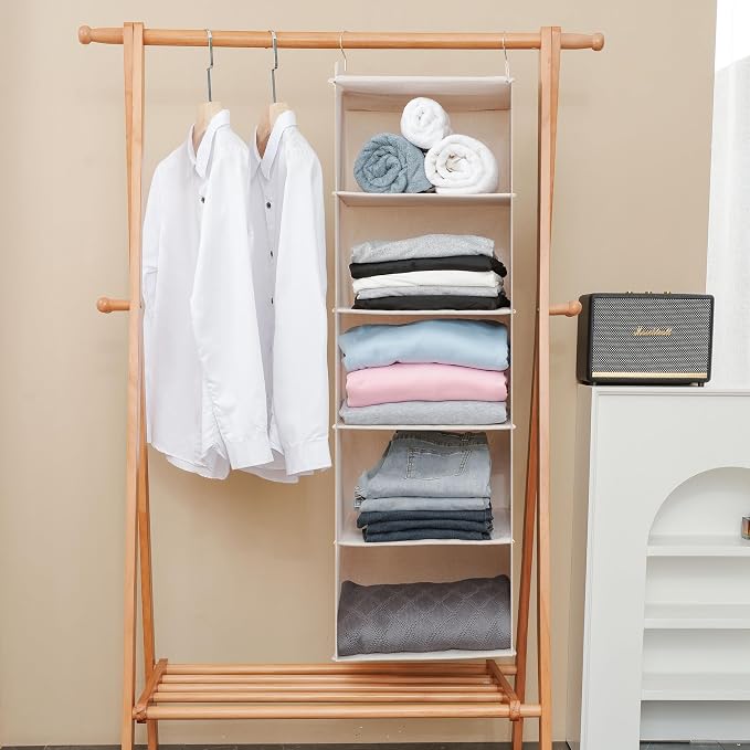 Large Hanging Sweater Organizer for Closet,Collapsible 6-Shelf Hanging Closet Shelves with Drawers, Washable (Beige -5 Shelf) - Image 7