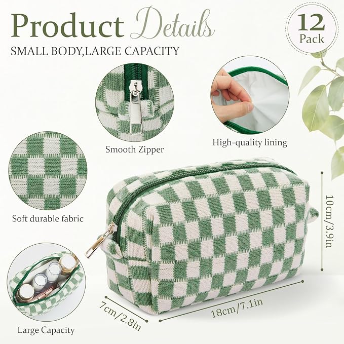 Gilprop 12 Pcs Checkered Makeup Bag for Purse Small Cosmetic Pouch Bulk Portable Zipper Makeup Pouch Travel Toiletry Organizer Gifts for Women Bridesmaid Wedding Party Favors (Green) - Image 2