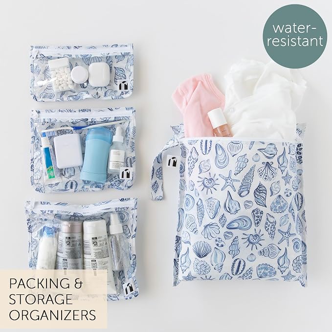 Bumkins Roamio Wet Bag and 3-Pack Clear-Sided Travel Pouches, Waterproof Fabric Organizer for Toiletries, Gym Clothes, Swim Gear, Shoes, Accessories, TSA Compliant Packing Set, Blue Shells 4-pc Set - Image 2