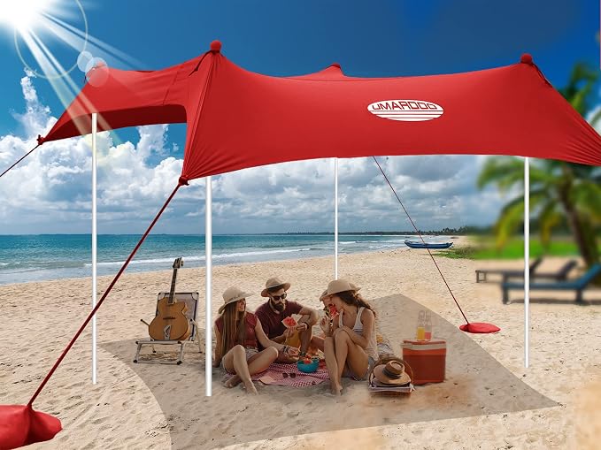 UMARDOO Family Beach Tent Canopy Sun Shade Portable, Large Compact Beach Sun Shelter Easy Setup with Packable Bag for Outdoor Travel (Red, 10X10 FT. 4Poles) by UMARDOO
