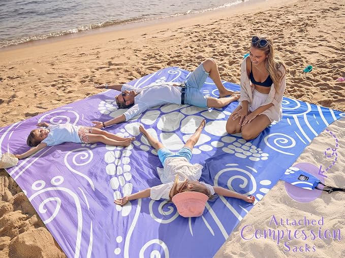 WEKAPO Beach Blanket Waterproof Sandproof Oversized Extra Large Sand Free Beach Mat with Stakes, Storage Bag - Essentials for Outdoor Beach, Picnic (Blue Purple Sea Turtle, 11 X 9 FT (1~10 Person)) - Image 2