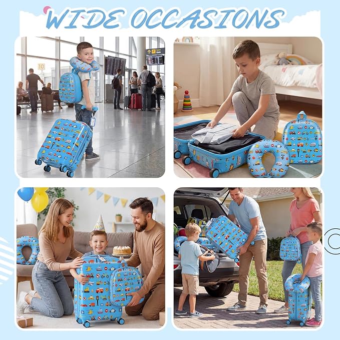 Sanwuta 4 Pcs Kids Luggage Set Back to School Gifts for Girls Boys Carry On Rolling Suitcase Backpack Neck Pillow Travel Set(18 Inch,Car Style,Blue) - Image 6