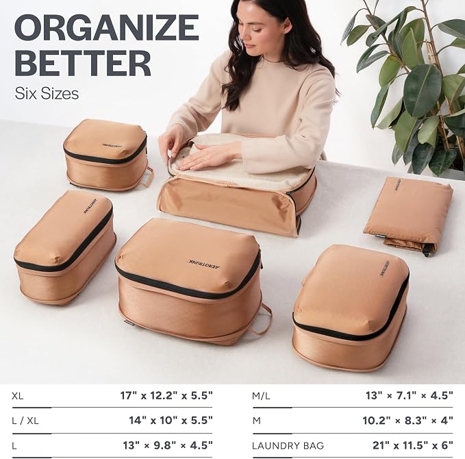 Aerotrunk Ultralight Compression Packing Cubes - Lightweight Travel Organizers for Suitcases and Luggage (6-Pack, Mocha) - Image 3