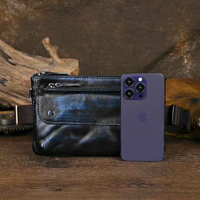 Water Resistant Canvas + Leather Hiking Riding Travel Fanny Waist Pack Small Phone Pouch For Men Women FB811-29 (100% Leather-The 8136 Blue) - Image 3