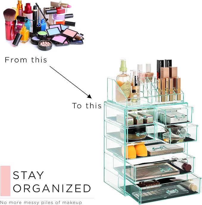 Sorbus Acrylic Makeup Organizer Set, 7-Drawer Vanity & Countertop Cosmetic Storage with Small & Wide Compartments, Teal Thrill Makeup Storage for Brushes, Jewelry – Holiday Gift for Women & Teens - Image 7
