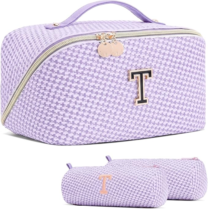Personalized Gift Travel Makeup Bag: Initial Makeup Organizer Bag for Women | 3-in-1 Custom Make up Bag Set - Vegan Leather Travel Cosmetic Bag - Luxury Gift for Women – Birthday, Anniversary, Graduation by Unknown