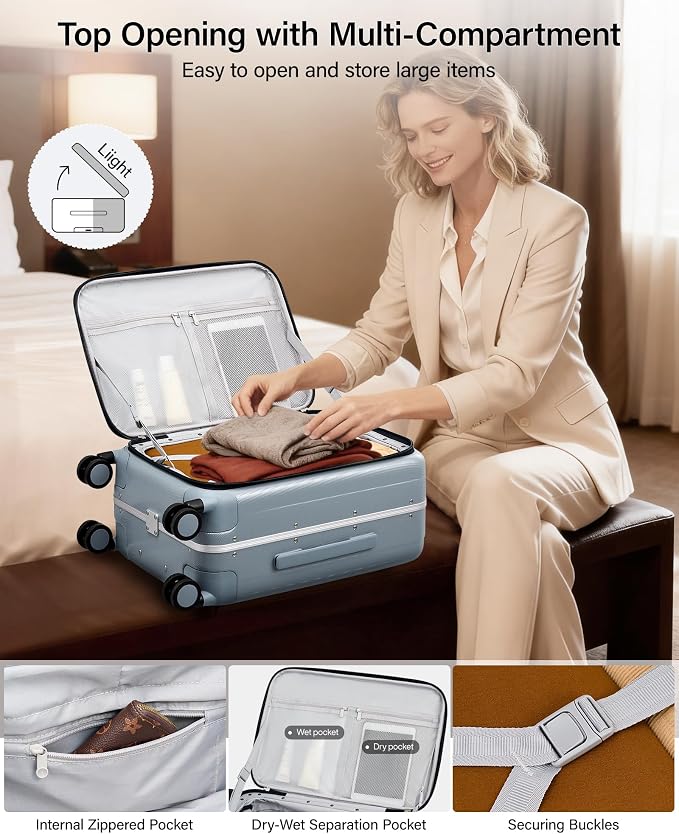 Hanke 20 Inch Carry On Suitcase PC Hardshell Luggage Top Open Aluminum Frame Rolling Suitcases with Wheels Travel Luggage for Woman Men Gifts.(Grey) - Image 6