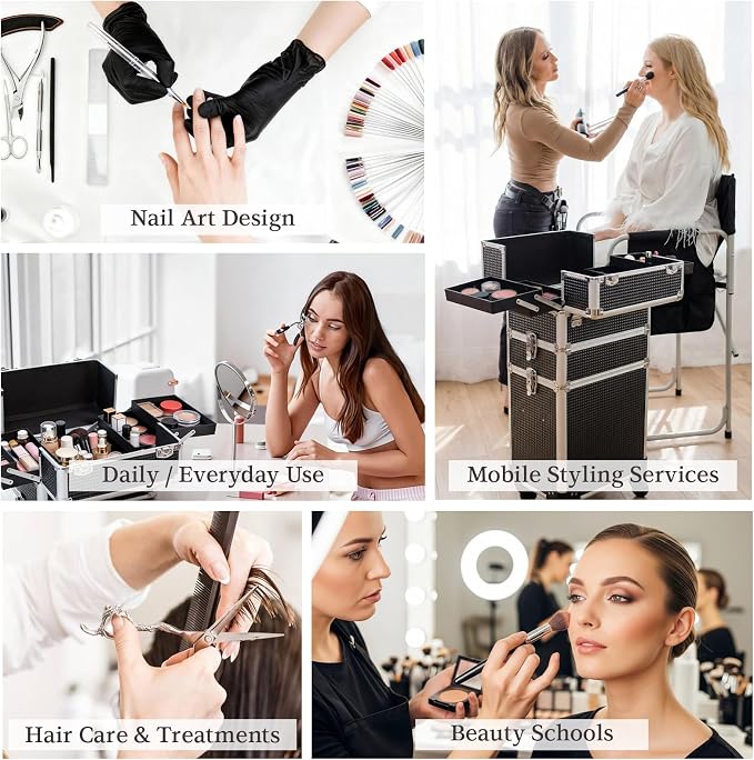 SHOWERSAFE 4 in 1 makeup train case - Professional cosmetology case on wheels, Large Transformable Makeup Train Case & Barber Case, Portable rolling makeup case & Makeup Cart, Black - Image 4