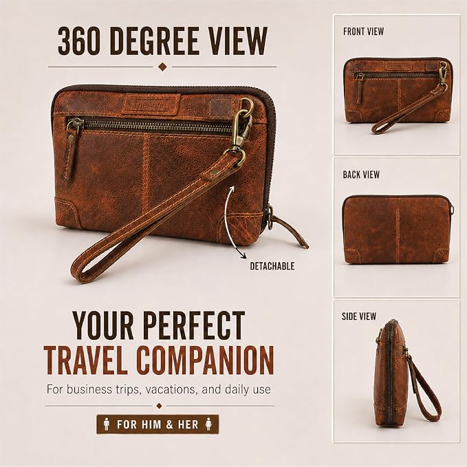 Genuine Leather Makeup Bag Travel Organizer, Premium Handcrafted Cosmetic Pouch with Zipper & Wrist Strap, Durable Toiletry Storage for Women & Men, 5 x 9- Tan - Image 6