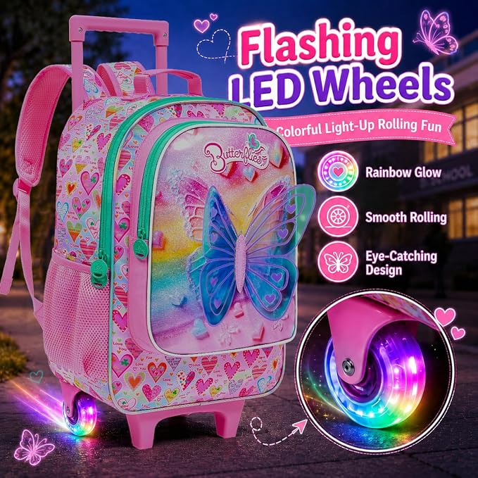 AGSDON 3PCS Rolling Backpack for Girls Boys, Kids Roller Wheels Bookbag, Wheeled School Bag with Lunch Bag - Image 3
