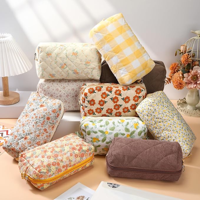 Paterr 10 Pcs Quilted Makeup Bag Bulk Cotton Floral Cosmetic Bag Women Girls Bridesmaid Gifts Cute Makeup Pouch Coquette Aesthetic Travel Toiletry Organizer(Yellow Floral,7.87 x 4.72 x 3.15 Inches) - Image 4