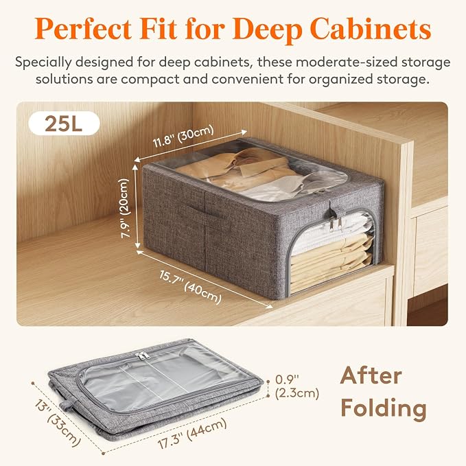 Lifewit Clothes Storage Bins with Metal Frame 3 Pack, Fabric Stackable Storage Bags with Lids, Zipper, Foldable Clost Organizers Containers for Clothing, Blanket, Winter Cloth, 25L - Image 4
