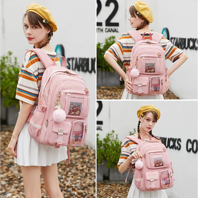 LXYGD Laptop Backpacks 16 Inch School Bag College Backpack 3 PCS with Lunch Box Pencil Pouch Set Large Travel Daypack Kawaii Bookbags for Teens Girls Women Students (Pink) - Image 6